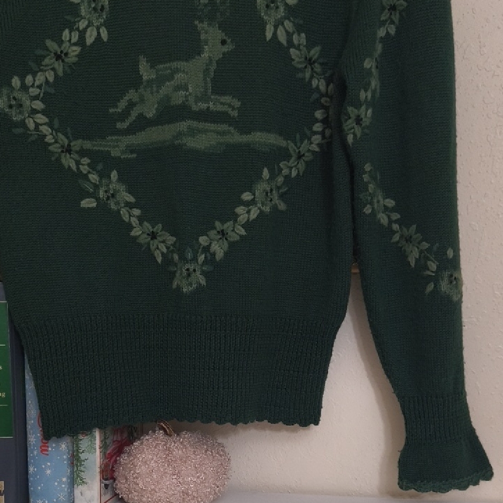 Herman Geist Green Sweater Deer Design Vintage Grandmacore Eclectic Cottagecore - Picture 5 of 14
